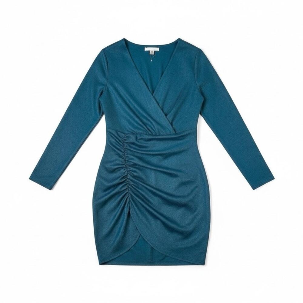 Fourteenth Place New Metallic Long Sleeve Ruched Surplice Mini Dress Teal Medium